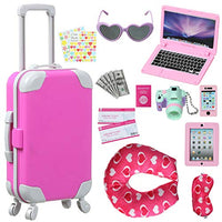 Spofew Suitable for Girls' 18 inch Doll Travel Supplies Including Suitcase air Ticket Camera Mobile Phone iPad and Other 16 Pieces of Package(Complimentary U-Shaped Pillow + Eye mask)