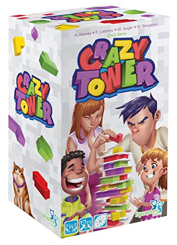 Crazy Tower - Wooden Blocks Tower Building Stacking Kids Game with a Twist of Cards - Blocks Must Cover White Squares Only, Avoid Tumbling The Tower, 1-4 Players, Ages 8 and Up, 15 Min Play Time
