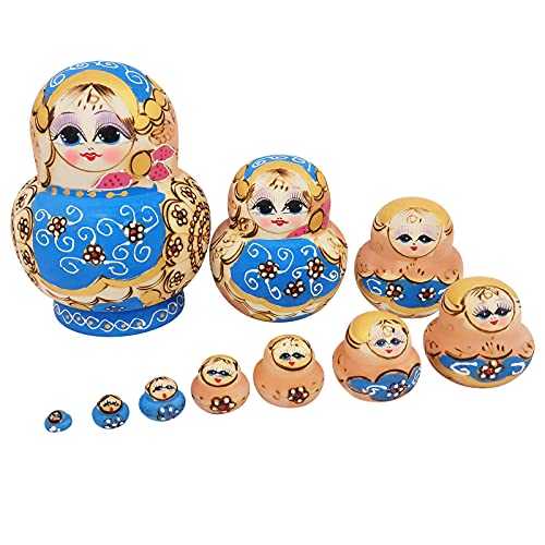 KOqwez33 Russian Wood Stacking Nesting Dolls Set,1 Set Ten-Layer Russian Matrioska Toy Lightweight Three Flowers Cartoon Girl Face Nesting Dolls for Decoration - Blue