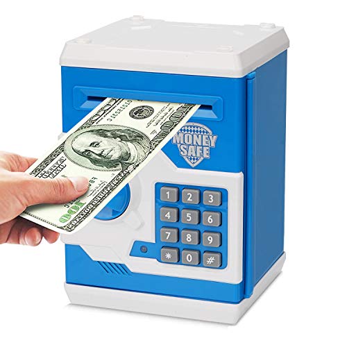Adevena Electronic Piggy Bank, Mini ATM Password Money Bank Cash Coins Saving Box for Kids, Cartoon Safe Bank Box Perfect Toy Gifts for Boys Girls (Blue)