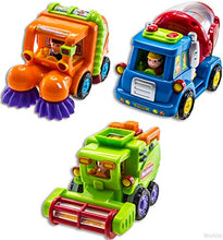 Load image into Gallery viewer, WolVol (Set of 3 Push and Go Friction Powered Car Toys for Boys - Street Sweeper Truck, Cement Mixer Truck, Harvester Toy Truck (Cars Have Automatic Functions)
