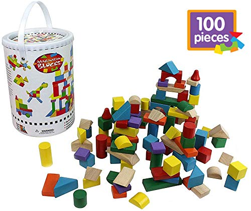 Right Track Toys Wooden Blocks - 100 Pc Wood Building Block Set with Container (Rainbow Colored) - 100% Real Wood in 7 Colors and 14 Shapes