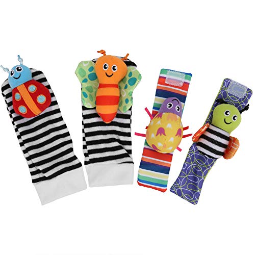 Pssopp 4Pcs Baby Wristband and Socks Rattle Toys, Sock Hanging Toy Infant Baby Cute Lovely Soft Baby Socks Toys Wrist Rattles Infant Toy(#1)