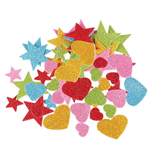 NUOBESTY 100pcs Star Heart Sticker Colorful Glitter Foam Stickers Self Adhesive Hearts Star Shapes for DIY Greeting Card Classroom Reward Arts Craft Supplies Random Pattern and Color