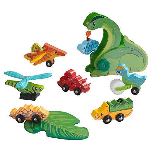 KidKraft Adventure Tracks Dino World: Prehistoric Pals Pack Wooden Train Track 13-pc. Vehicle Set, Gift for Ages 3+