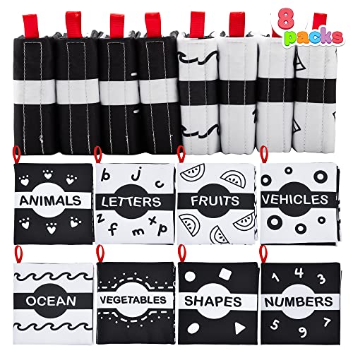 JOYIN 8Pcs Baby Soft Books, Black and White High Contrast Crinkly Cloth Infant Books, Nontoxic Fabric Waterproof Newborn Toys, Toddler Educational Learning Toys Perfect for Baby Shower Birthday Gifts