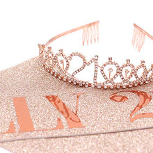 Load image into Gallery viewer, &quot;Finally 21&quot; Sash &amp; Rhinestone Tiara Set - 21st Birthday Gifts Birthday Sash for Women Fun Party Favors Birthday Party Supplies (Gold Glitter with Rose Gold Lettering)
