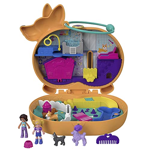 Polly Pocket Corgi Cuddles Compact with Pet Hotel Theme, Micro Polly & Shani Dolls, 2 Dog Figures (Poodle with Hair & Husky) Fun Features & Surprise Reveals, Great Gift for Ages 4 Years Old & Up