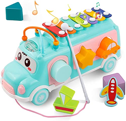 DeXop Baby Toy Musical School Bus,Knocking Piano Car with Shape Puzzles,Sensory Toys for Toddlers 1-3,Educational Learning Gift for Girls and Boys