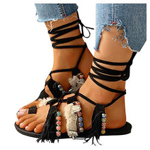 Load image into Gallery viewer, HIRIRI Sandals for Women Flat Comfy Shoes Ladies Strap Crisscross Lace-Up Flat Heel Slip On Sandals with Fringe Black
