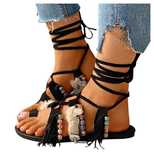 HIRIRI Sandals for Women Flat Comfy Shoes Ladies Strap Crisscross Lace-Up Flat Heel Slip On Sandals with Fringe Black