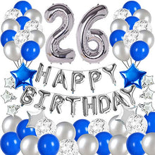 Load image into Gallery viewer, &quot;Blue and Silver 26th Birthday Party Decorations Set- Silver Happy Birthday Banner,Foil Number Balloons, Latex Balloons and More for 26 Years Old Brithday Party Supplies&quot;
