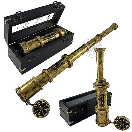 Brass Nautical Functional Telescope Glass Optics and High Magnification Kid's Telescopes Camouflage Finish 16in Long Wooden Box Handheld Antique Style Pirate Sailor Spyglass