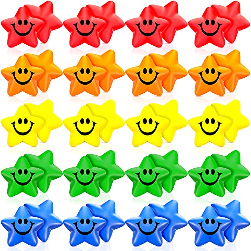 45 Pieces Star Smile Face Stress Balls Mini Star Foam Balls Smile Funny Face Toys Relief Star Smile Balls for School Carnival Reward Student Prizes Party Favor Toy, 5 Colors (45 Pieces)