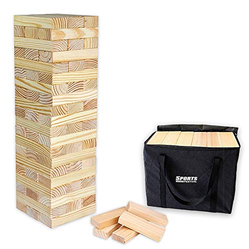 Festival Depot 60 Pieces Classic Giant Tumble Tower Jumbo Pine Wooden Stacking Blocks Set with Carrying Bag from 2 Feet to Over 5 Feet for Adult and Family Timber Game