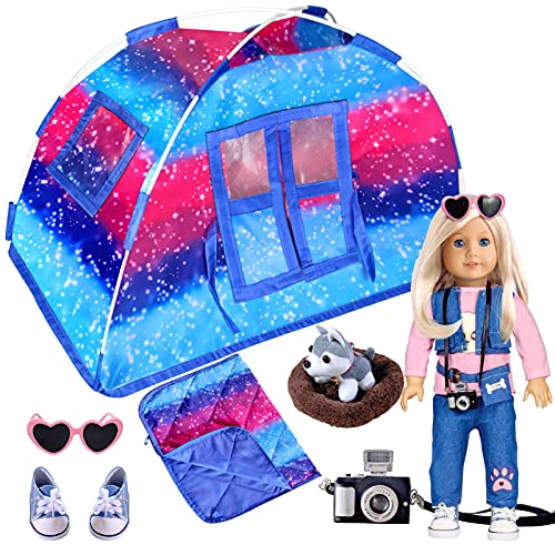 WONDOLL [Improved Version 18-inch-Doll-Clothes and Camping-Tent-Set Doll Accessories - Including Doll Tent Sleeping Bag, Clothes Shoes, Camera Eye Glasses, Toy Dog & Doghouse Doll Furniture