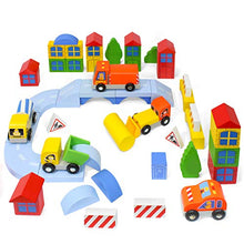 Load image into Gallery viewer, Kidzlane Wooden Construction Site Building Blocks - 50 Pc Wood Block Variety Set with Vehicles, Bridge + More in Storage Bucket - Brightly Painted, Safe &amp; Non-Toxic for Toddlers &amp; Kids Ages 3+
