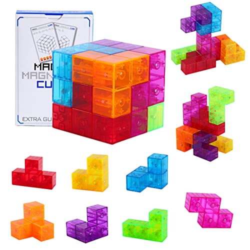 3D Magnetic Building Blocks Magic Magnetic Cubes, Set of 7 Multi Shapes Magnetic Blocks with 54 Guide Cards, Infinity Puzzle Cubes for Early Education, Intelligence Developing