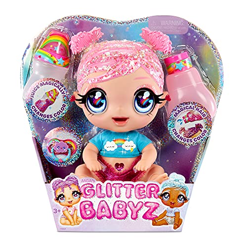 MGA'S Glitter BABYZ DREAMIA Stardust Baby Doll with 3 Magical Color Changes, Pink Hair Rainbow Outfit, Diaper, Bottle, Pacifier Accessories- Gift for Kids, Toy for Girls Boys Ages 3 4 5+ Years Old