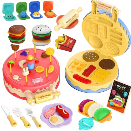Puxida Dough Play Kids Set Birthday Cake ,Modeling Compound,Birthday Festival Weekend Party Gift,Multicolor, Cake with Candle Hamburger 10+ Mold Pretend Play Set Ages 3 and up(Blue)