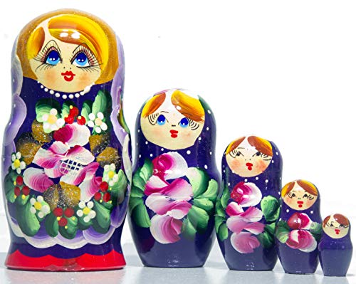Russian Nesting Doll - Traditional POLKHOV MAIDAN - Hand Painted in Russia - Medium Size - Wooden Decoration Gift Doll - Matryoshka Babushka (Purple, 5.75``(5 Dolls in 1))