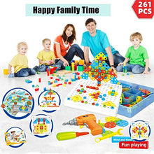Load image into Gallery viewer, JACKEYLOVE 261 Pcs STEM Toys Kids Drill 2 in 1 Educational Set with Electric Drill Puzzle and Button Art Toy for Boys and Girls Ages 3 4 5 6 7 8
