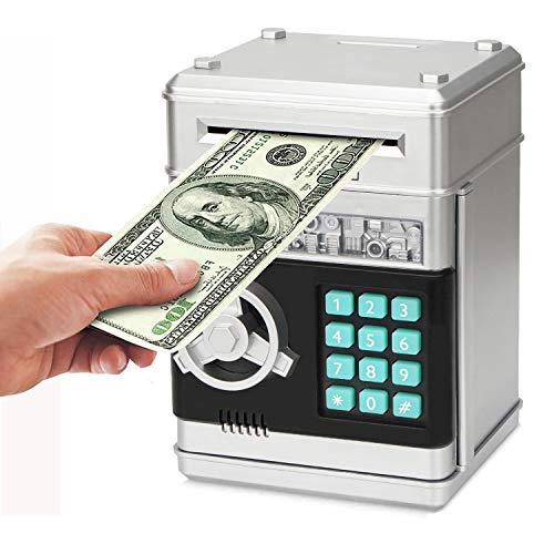 Adevena Electronic Piggy Bank, Mini ATM Password Money Bank Cash Coins Saving Box for Kids, Cartoon Safe Bank Box Perfect Toy Gifts for Boys Girls (Silvery)