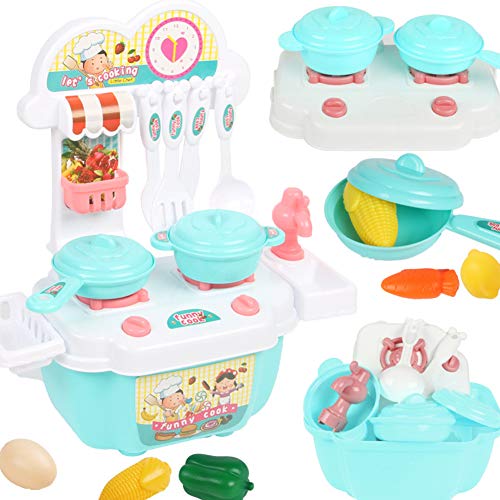 BeesClover Children Playing House Kitchen Cooking Table Set Mini Simulation Cookware Boys Girls Cook Game Cyan