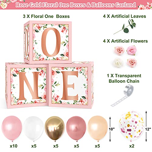 Rose Gold Floral One Balloons Boxes Decoration Baby First Birthday