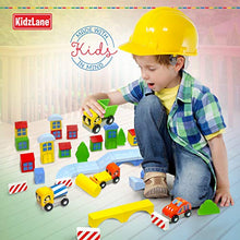 Load image into Gallery viewer, Kidzlane Wooden Construction Site Building Blocks - 50 Pc Wood Block Variety Set with Vehicles, Bridge + More in Storage Bucket - Brightly Painted, Safe &amp; Non-Toxic for Toddlers &amp; Kids Ages 3+
