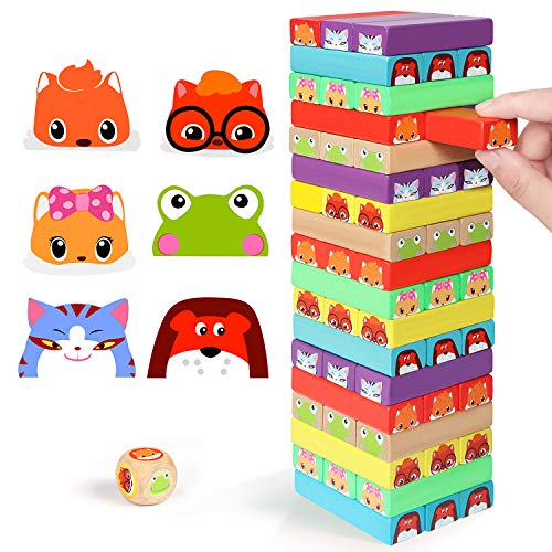 Lewo Colored Stacking Game Wooden Building BlocksTower Board Games for Kids Adults 54 Pieces (Colorful Stacking Gane)