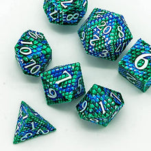 Load image into Gallery viewer, UDIXI DND Dice Set Metal, Polyhedral Dice for Role Playing Games, Metal RPG Dice for Dungeons and Dragons with Leather Dice Bag (Blue Green-White Number)
