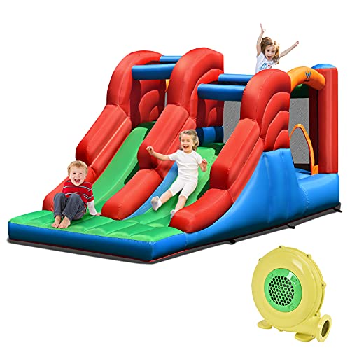 BOUNTECH Inflatable Bounce House, Indoor Outdoor Kids Jumping Bouncer with Slide, Climbing Wall & Jumping Area, Bouncy House for Kids Including Carry Bag, Stakes, Repair (with 480W Air Blower)
