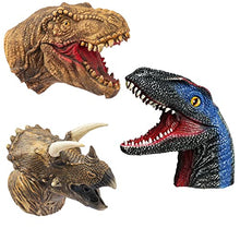 Load image into Gallery viewer, Yolococa Dinosaur Hand Puppets Realistic Latex Soft Animal Head Toys Set, Tyrannosauru, Triceratop, Velociraptor Hand Puppet Toys Gift for Kids, Party Show Imaginative Play, 3 Pack

