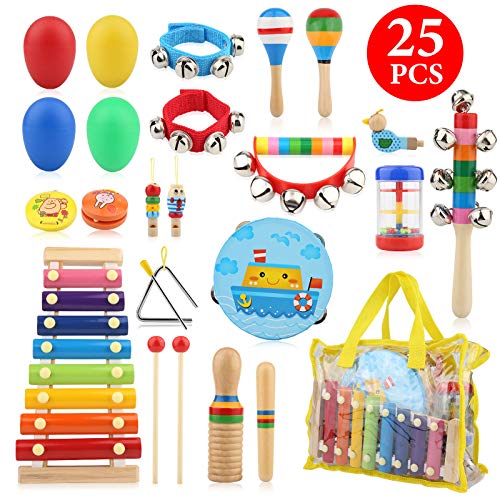 Bukm Kids Musical Instruments, Musical Toys for Toddlers, 25 Pcs Wooden Musical Percussion Instruments, Preschool Educational Learning Tambourine Xylophone Toys for Toddlers Kids Children with Storage