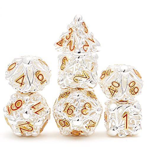 DND Metal Dice Set Hollow dice White Octopus Suck Head Monster 7-Piece Set is Suitable for Dungeons and Dragon Belt D & D dice Metal Box, Pathfinder, RPG, MTG or Table Games .