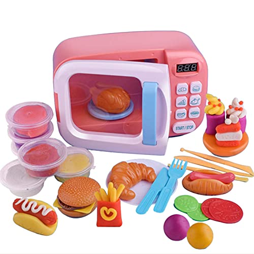 WuLL Microwave Play Kitchen Set, Kids Pretend Play Electronic Oven with Play Food, with Pretend Play Fake Food, with Lights, Suitable for Educational Gifts for Boys Girls (Pink)