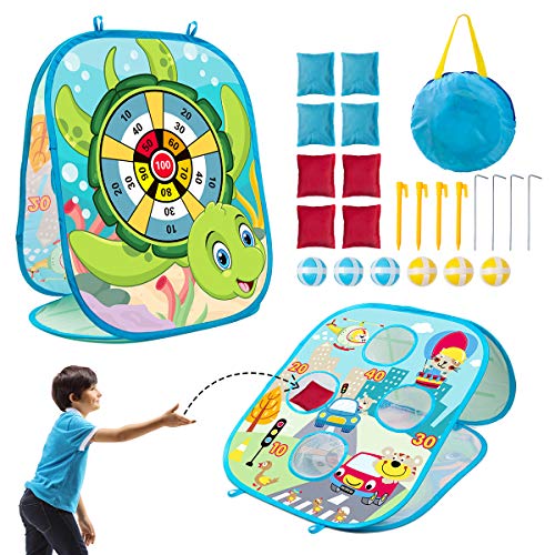 3 in 1 Bean Bag Toss Game Set for Kids, Outside Toys for Kids Toddlers Ages 3-5 4-8 4-7, Collapsible Cornhole and Dart Board with 8 Bean Bags, Crab & Turtle Themed, Birthday Gift for Boys Girls (Blue)
