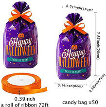 Load image into Gallery viewer, 50Pcs Halloween Candy Bags Party Bags Kids Trick Or Treat Bags Goody Bags with 1 roll Satin Ribbon for Trick or Treat Bags Halloween Party Gift Favors, Kids Halloween Party Supplies
