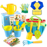 INNOCHEER Kids Gardening Tools with STEM Learning Guide, Watering Can, Gardening Gloves, Shovel, Rake, Trowel & Garden Accessories - Outdoor and Learning Toys All in One Tote( 18 Pieces)
