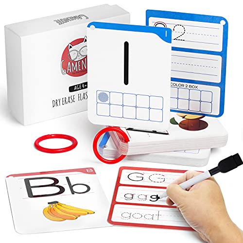 Gamenote Dry Erase Alphabet and Number Flash Cards - Write and Wipe Laminated ABC Letter Tracing Practice Card for Kindergarten (47 Flashcards with 2 Rings and Marker)