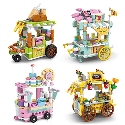 FUN LITTLE TOYS 4 Boxes Food Cart Building Block Toy Street View Building Bricks Set Include Ice Cream Cart BBQ Station Thrifty Thirst and Sushi Stop,Building Block Sets,