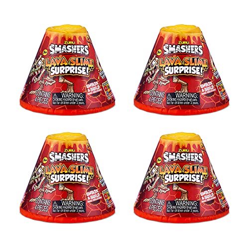 Smashers Lava Slime Surprise (4 Pack) by ZURU Small Volacanos with Dinosaur Skeleton Toy Inside and Lava Slime, Squishy Slime Volcanic Eruption, Dino Collectibles, for Kids and Boys (4 Pack)