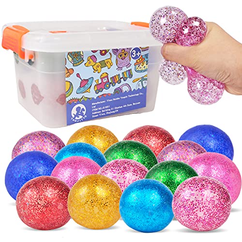 YAOJITYO 16Pack Stress Ball Set Fidget Toys for Kids and Adults - Sensory Ball, Squishy Balls with Gold Powder Water Beads, Anxiety Relief Calming Tool - Fidget Stress Toys for Autism (A-16)