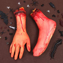 Load image into Gallery viewer, Omigga 2 Pack Fake Human Severed Arm Hand with Foot, Terror Bloody Dead Body Parts Decorations for Halloween Parties and Cosplay
