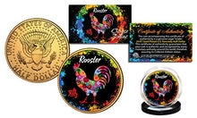 Load image into Gallery viewer, Chinese Zodiac Polychrome Genuine JFK Half Dollar 24K Gold Plated Coin - Rooster
