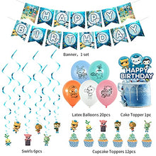 Load image into Gallery viewer, Birthday Party Supplies For Octonauts Includes Banner, 6 Swirls Hanging, Cake Topper, 12 Cupcake Toppers - 20 Balloons
