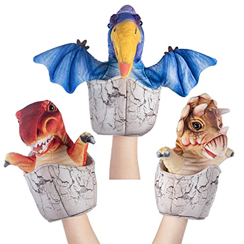 My OLi 9.5Plush Dinosaur Hand Puppet Bundle 3 Pack of Stuffed Dinosaur with Egg for Creative Role Play Gift for Kids Toddlers Birthday Party Favor Supplies,Imaginative Play