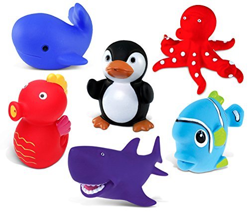 Puzzled Sea Horse, Blue Whale, Penguin, Red Octopus, Purple Shark and Blue Fish Rubber Squirter Bath Buddy Bath Toy - Ocean Sea Life Theme - 3 INCH - Item #K2734-2748-2762-2780-2781-2783