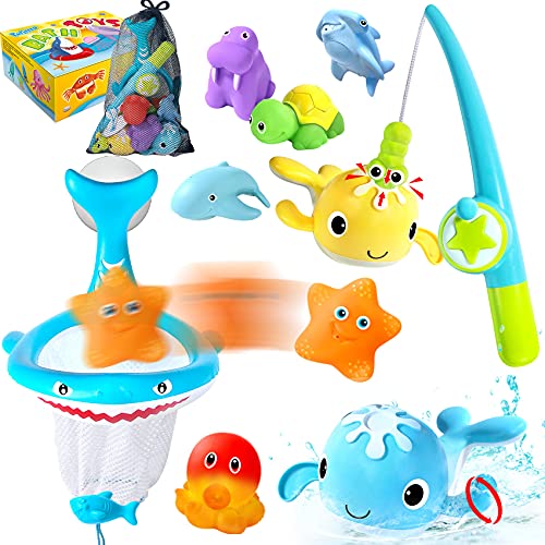 Bath Toys Fishing Game - Wind up Swimming Whales Bathtub Pool Water Table Toys with Fishing Pole Shark Net Floating Squirt Water Toys Gifts for Kids Boys Girls Toddlers Age 3 4 5 6 7 8+